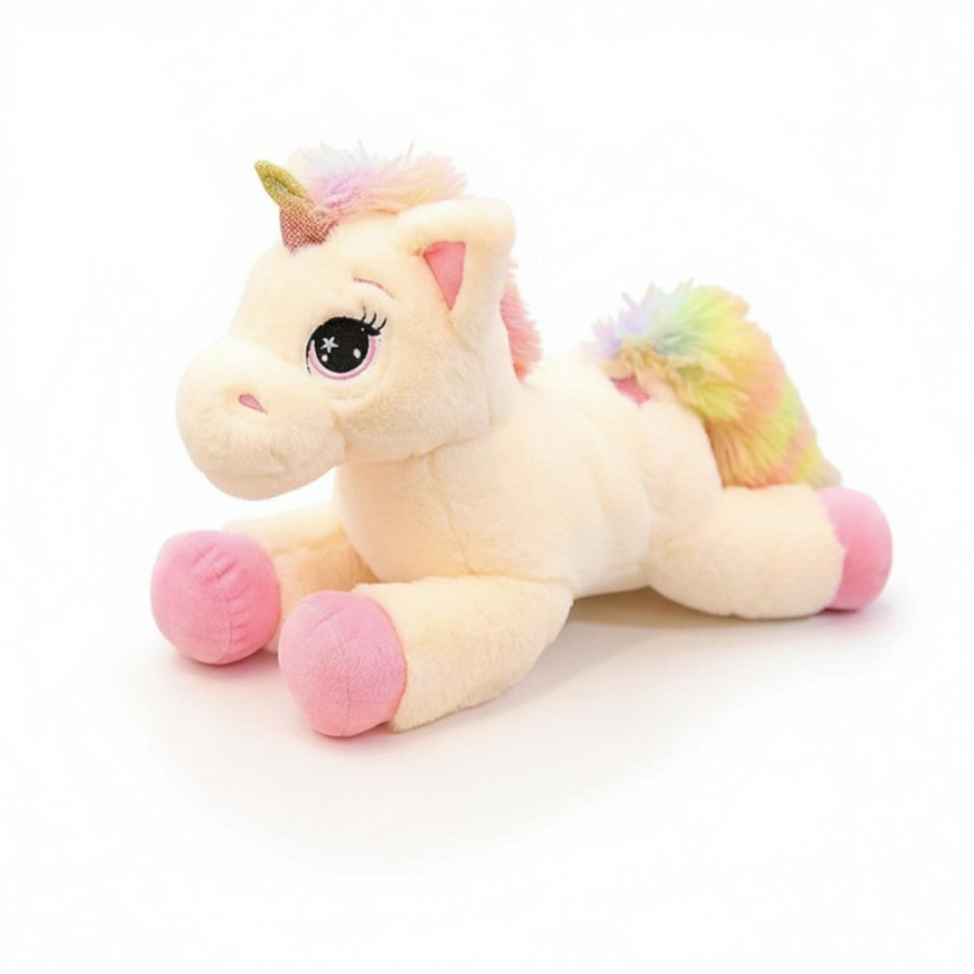 Liggende eenhoornknuffel met regenboogdetails