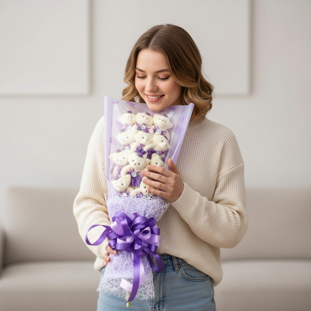 Bouquet Ours en Peluche Blanc avec Boîte Violette