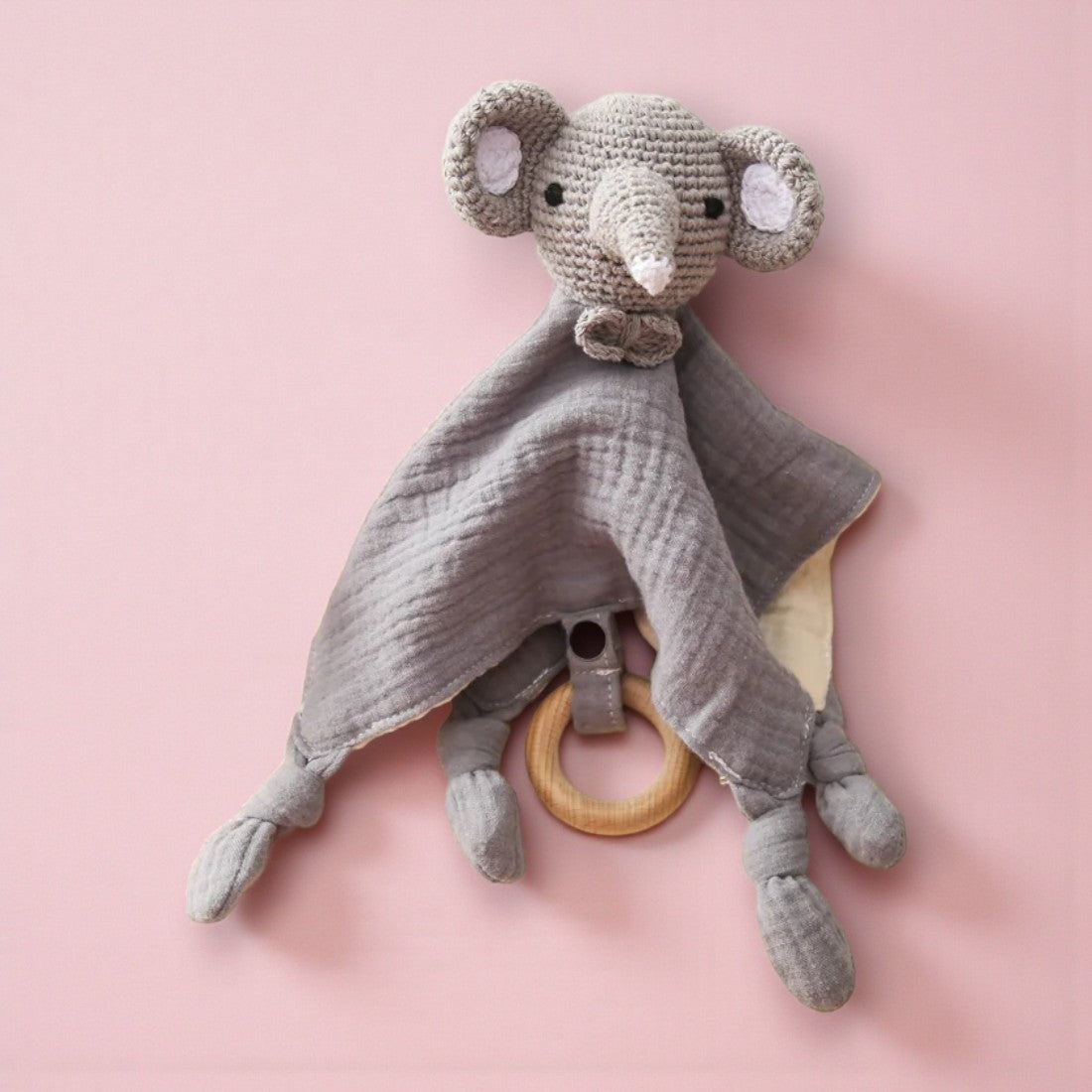 Doudou plat éléphant crocheté lange coton bicolore