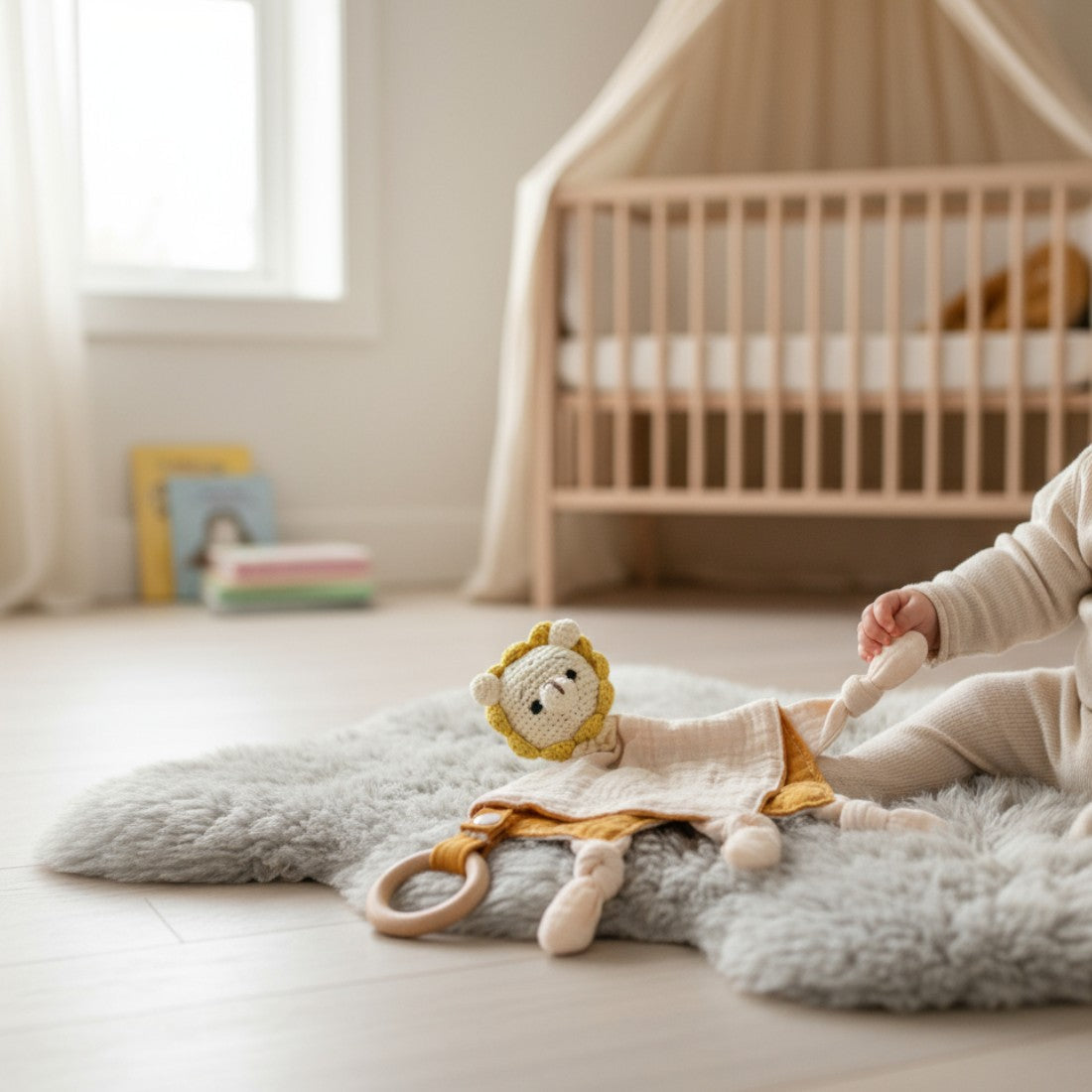 Doudou plat lion crocheté lange coton bicolore