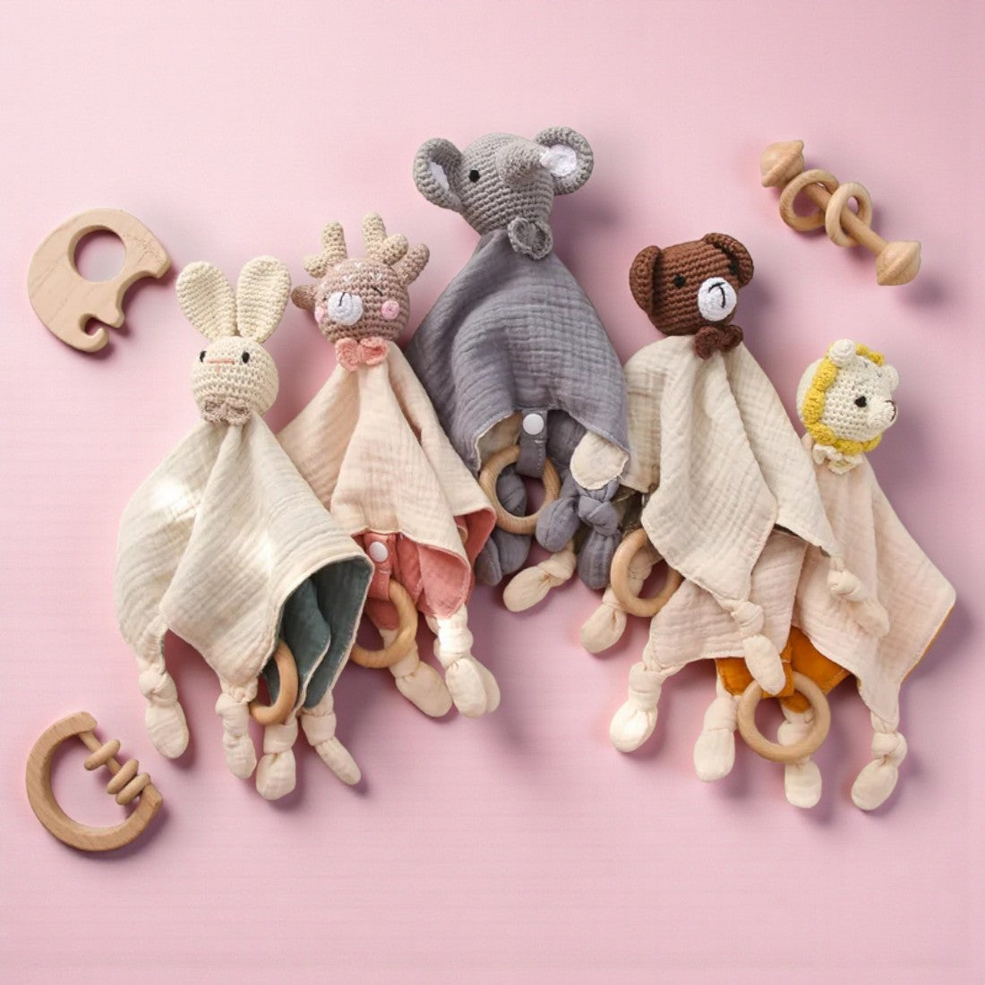 Doudou plat cerf crocheté lange coton bicolore