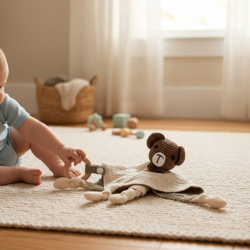 Doudou ours crocheté avec lange en coton bicolore