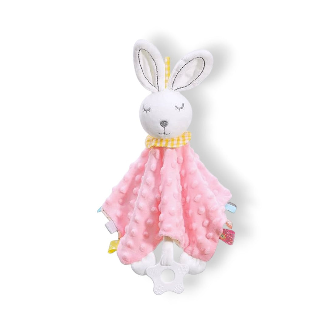 Doudou carré lapin minky pastel avec anneau de dentition