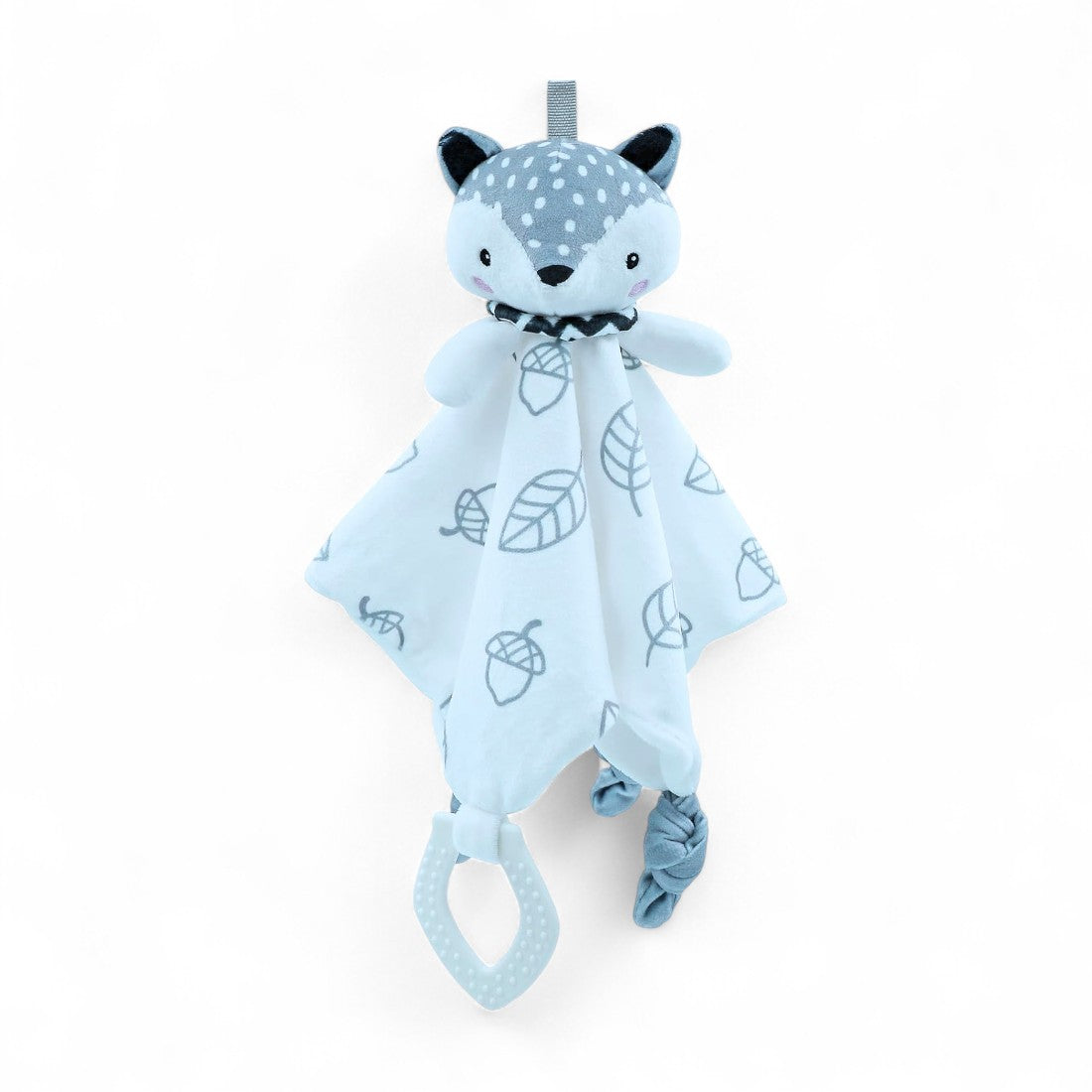 Doudou plat renard gris motifs feuilles pour bébé