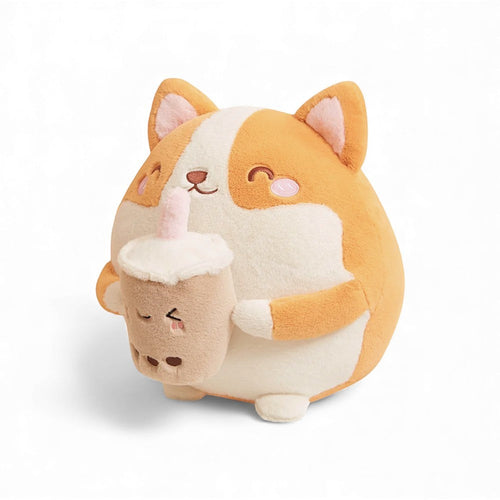 Coussin peluche squishy shiba avec boisson