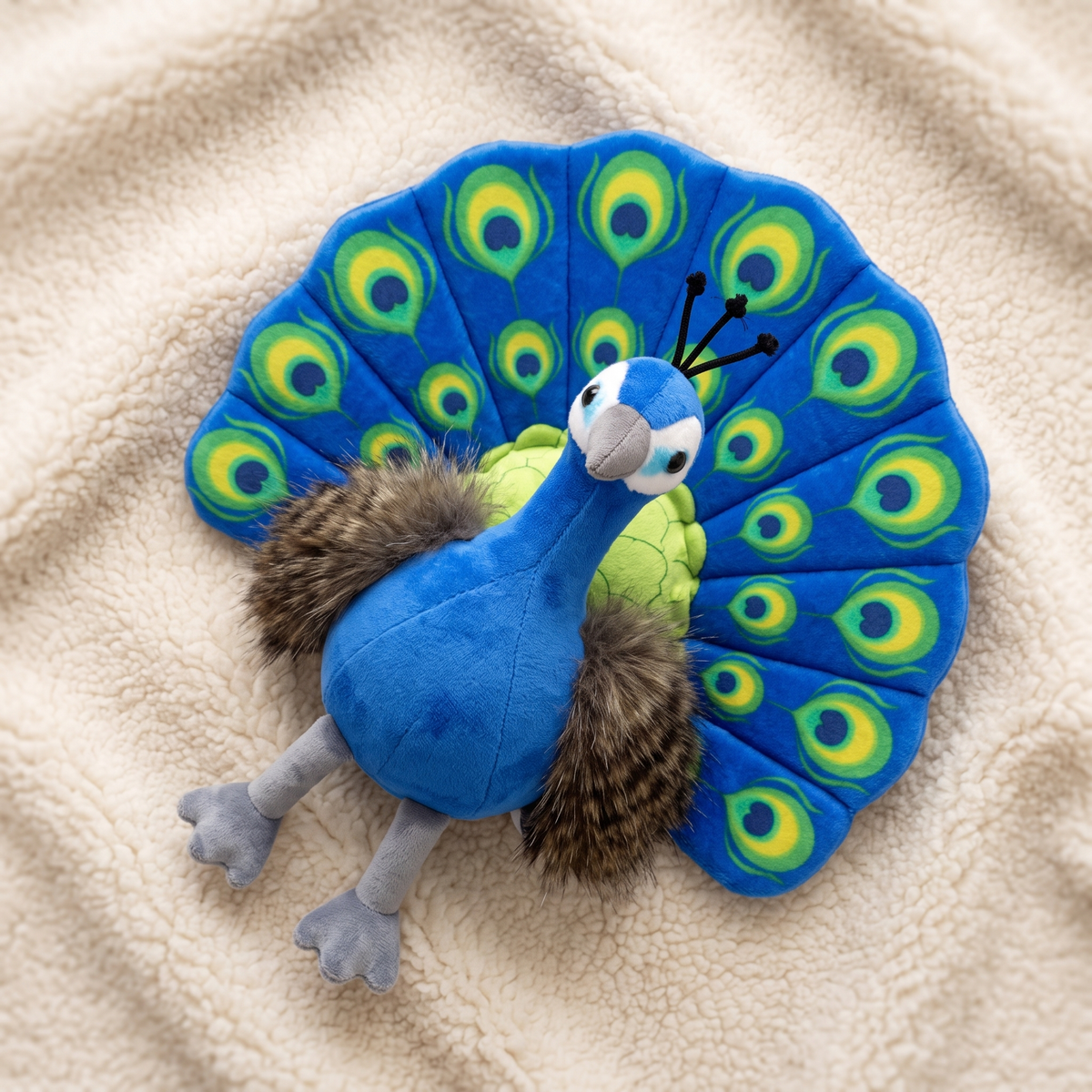 Peluche Paon Bleu avec Plumes Multicolores