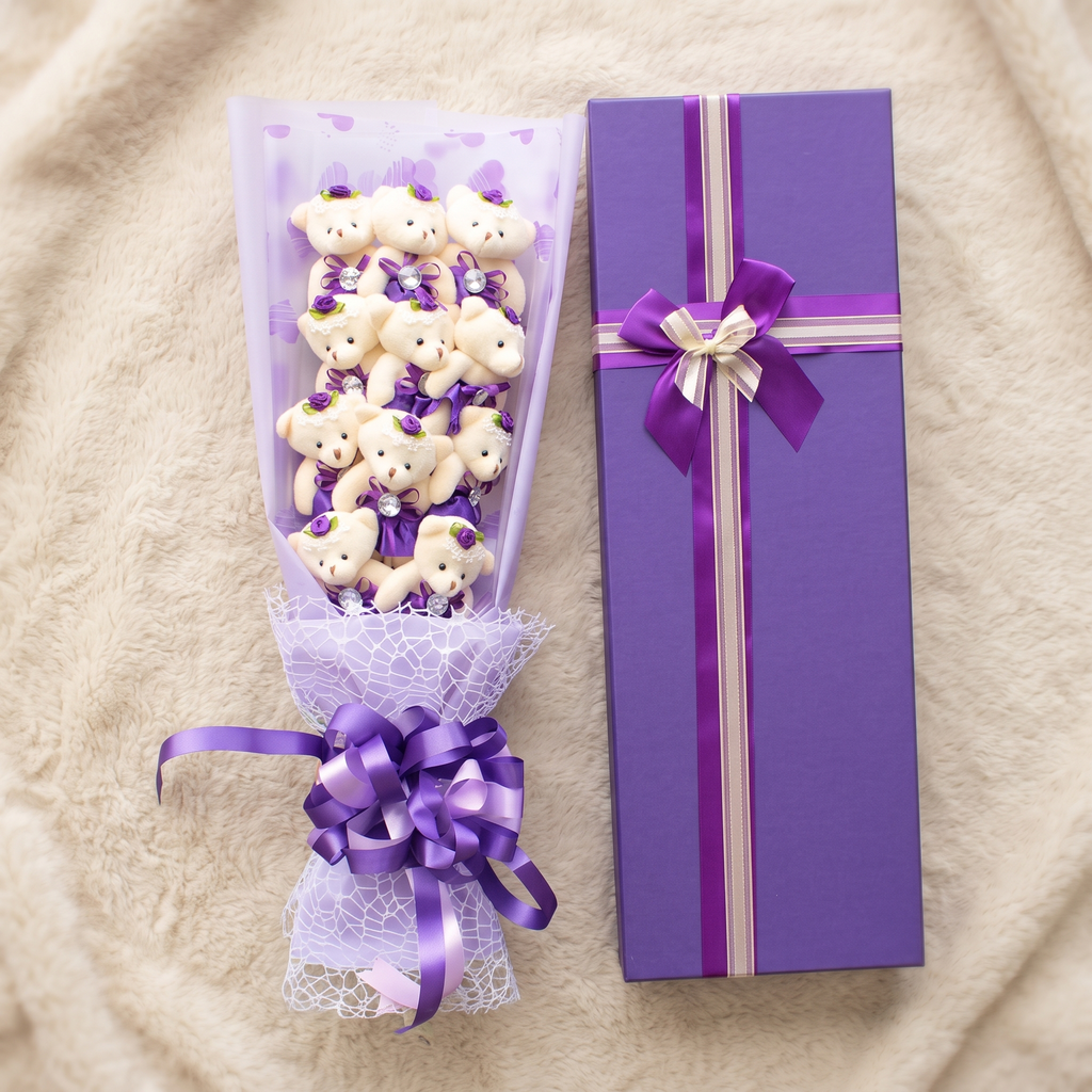 Bouquet Ours en Peluche Blanc avec Boîte Violette