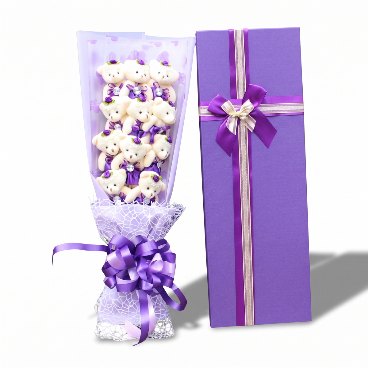 Bouquet Ours en Peluche Blanc avec Boîte Violette