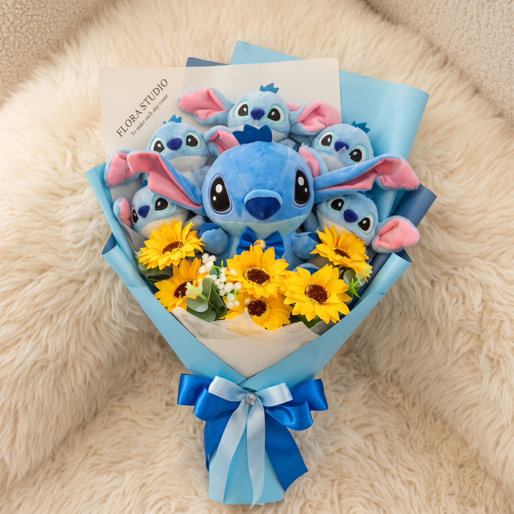 Knuffelboeket met Stitch en bloemen