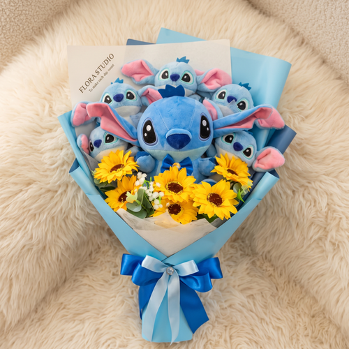 Bouquet Peluche Stitch avec Fleurs