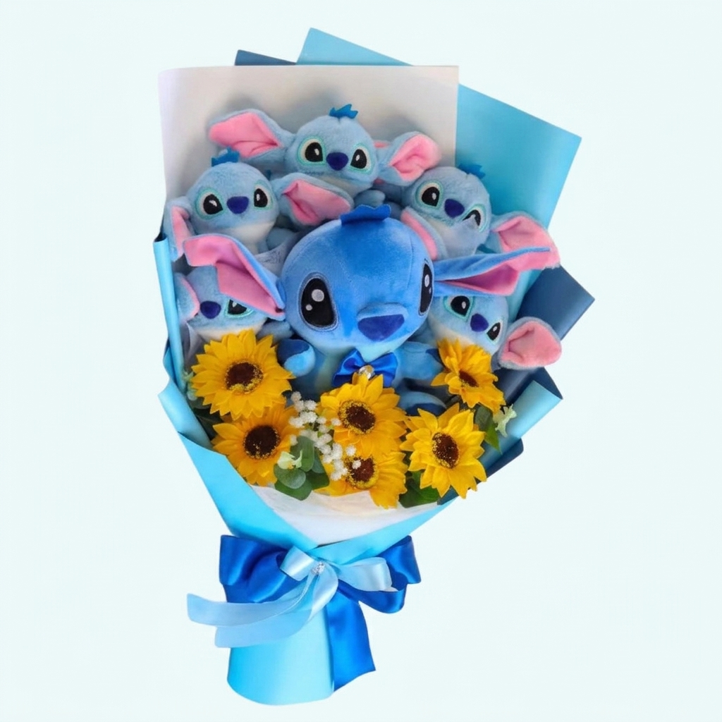 Bouquet Peluche Stitch avec Fleurs