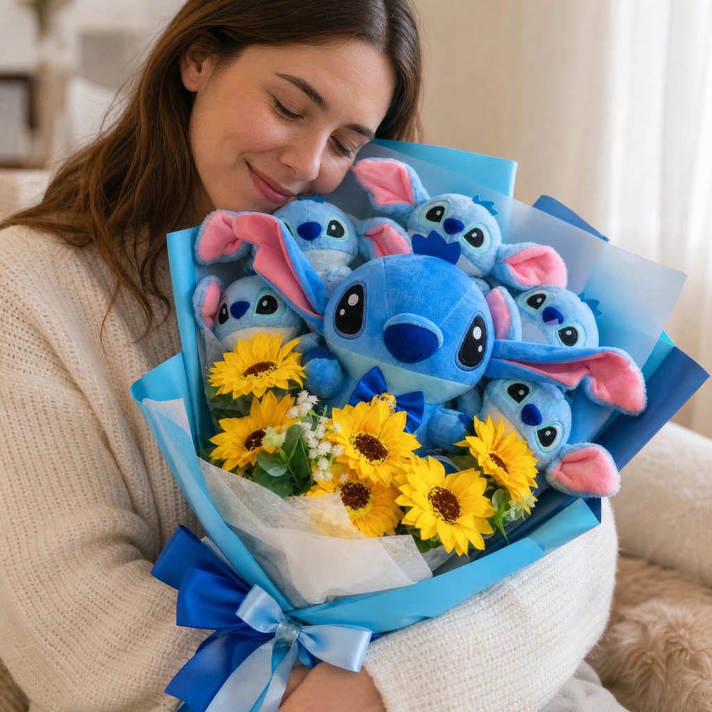 Knuffelboeket met Stitch en bloemen