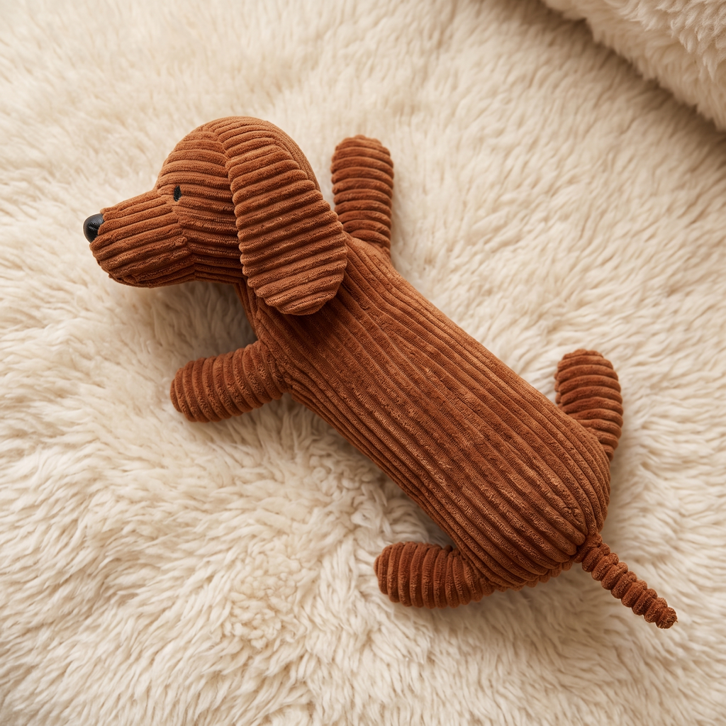 Peluche Chien Teckel Allongé en Velours Côtelé