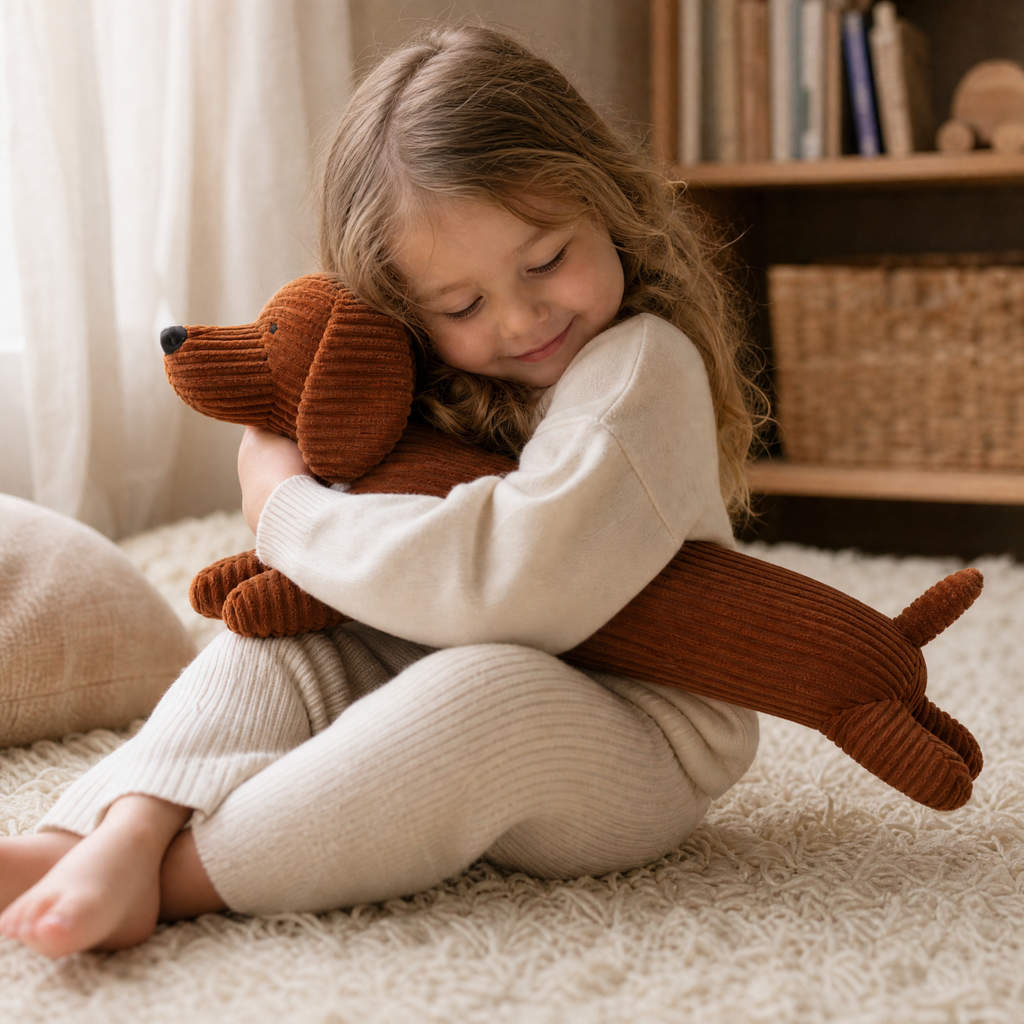 Peluche Chien Teckel Allongé en Velours Côtelé