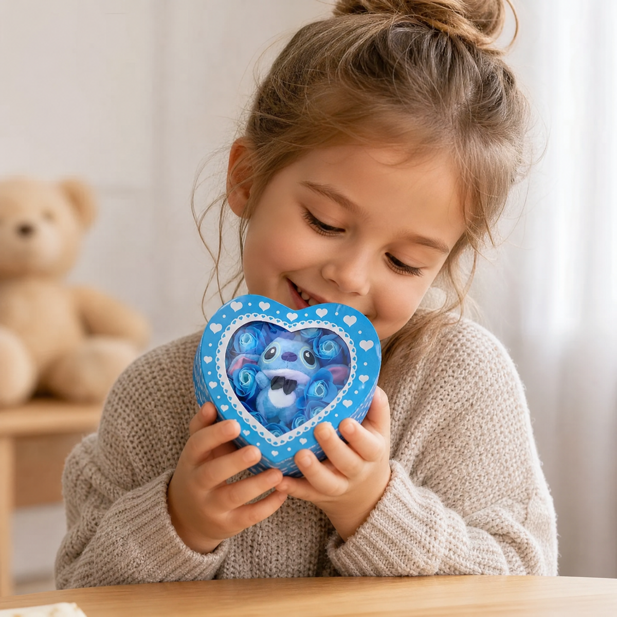 Coffret Peluche Stitch Boîte Cœur Roses Bleues