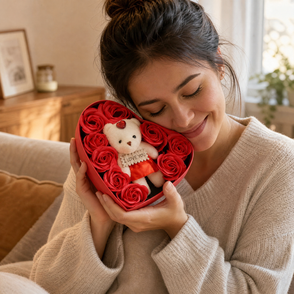 Coffret Roses Savon avec Ours en Peluche Cœur