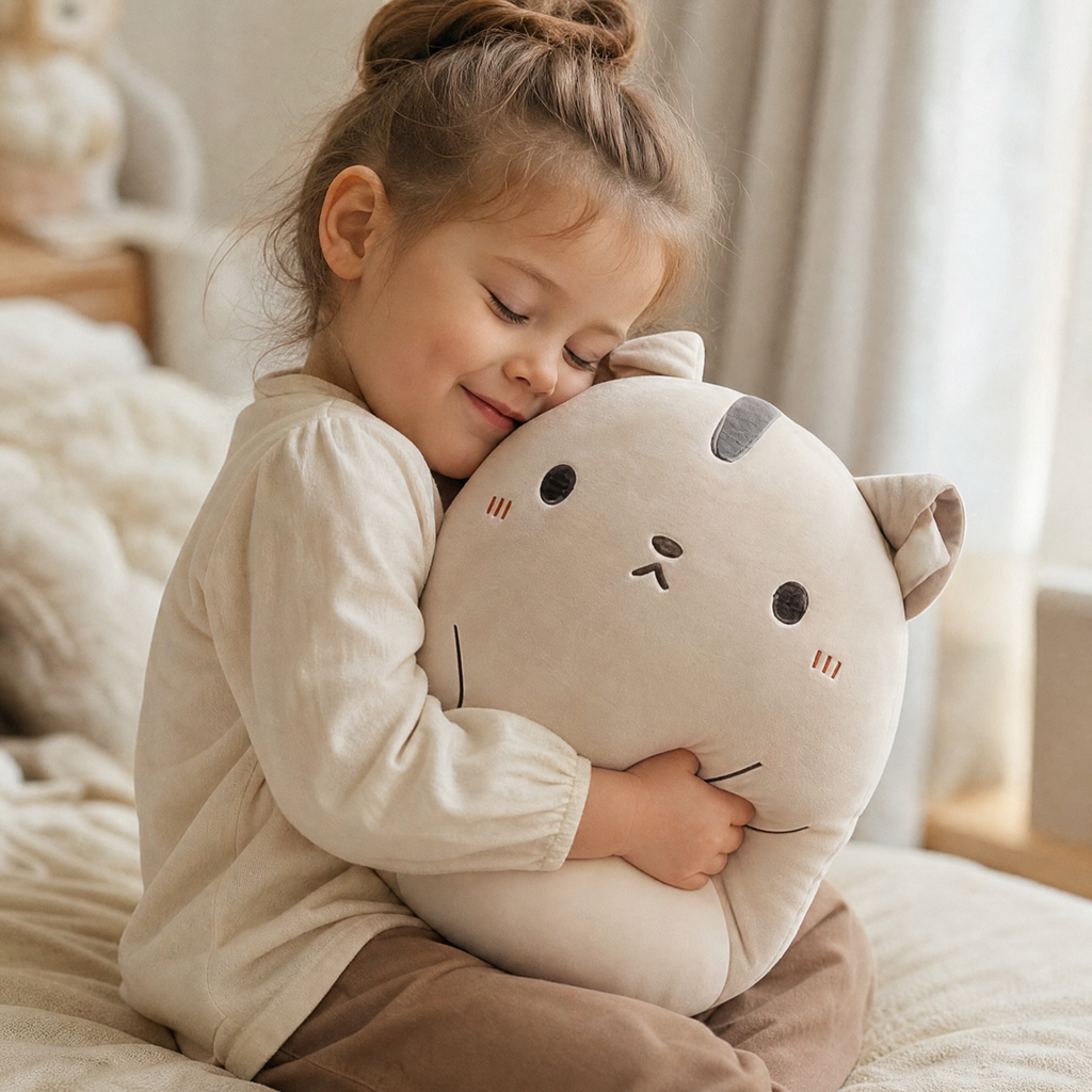 Coussin Peluche Chat Beige Doux