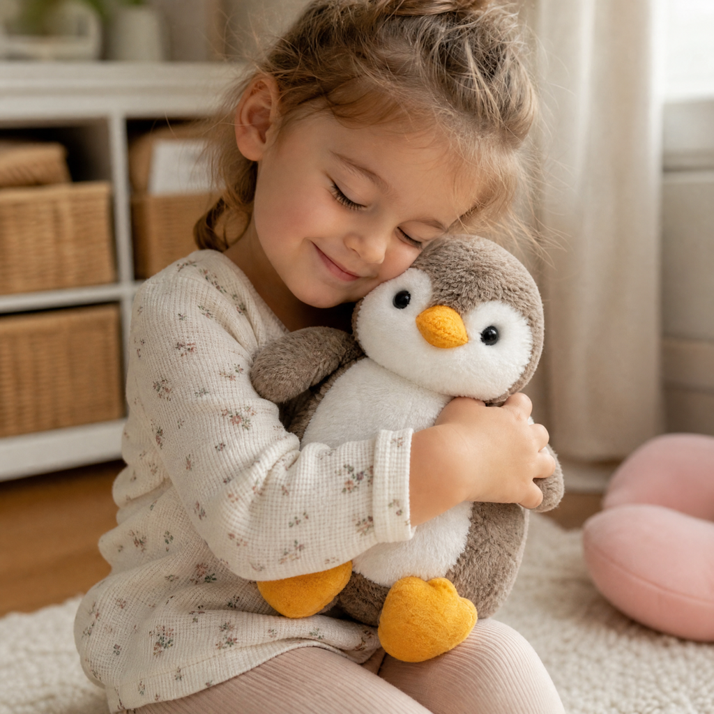 Peluche Pingouin Doux Taupe et Blanc