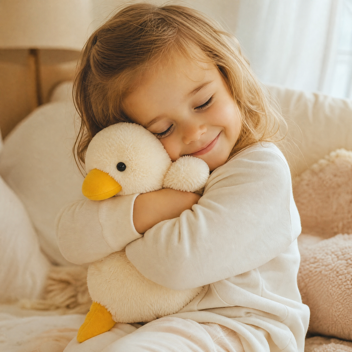 Peluche Canard Bec Jaune en Coton Blanc