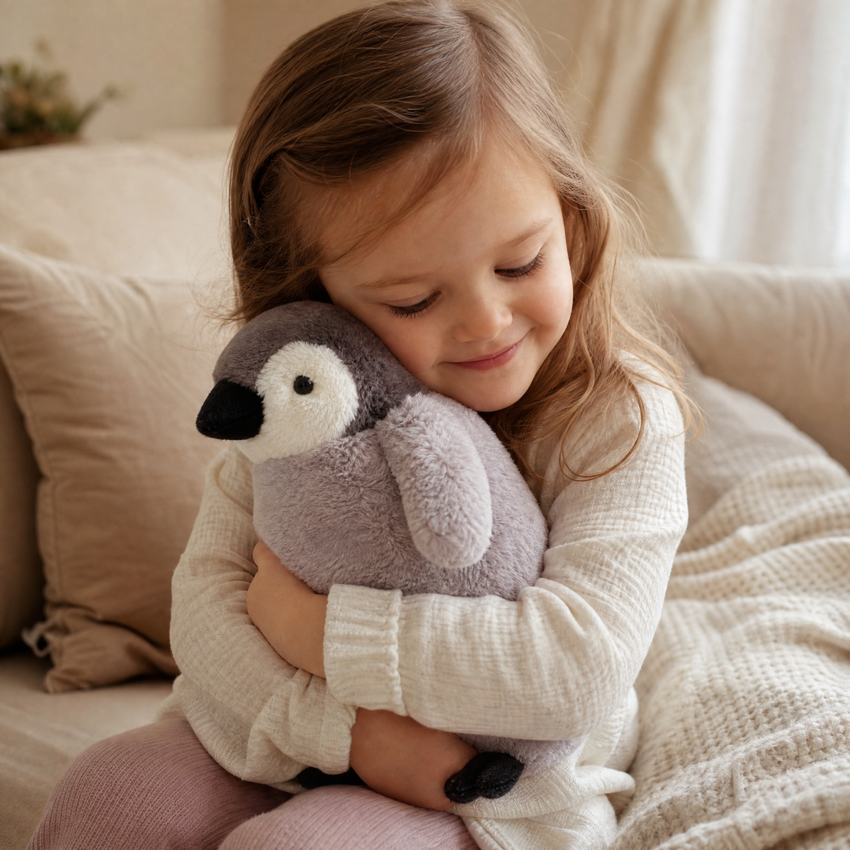 Peluche Coussin Pingouin Gris Mauve