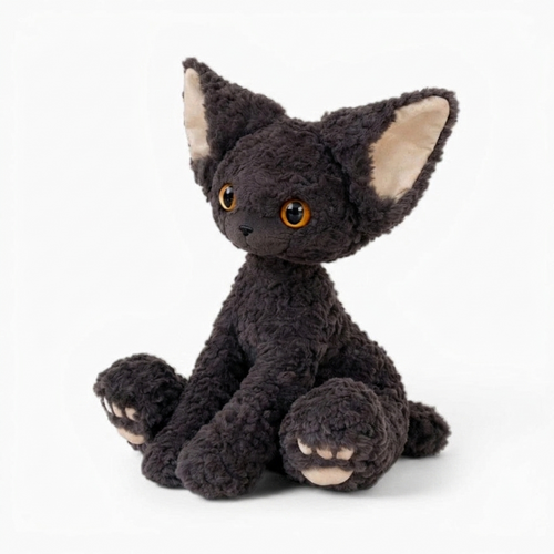 Peluche Chat Noir à Poil Bouclé aux Grands Yeux