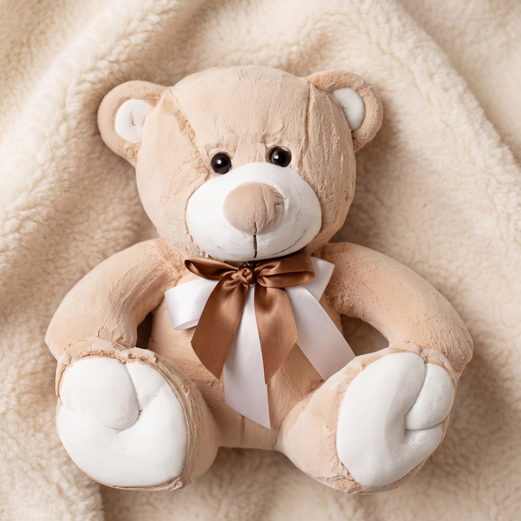 Ours en Peluche Beige et Blanc avec Nœud Doré