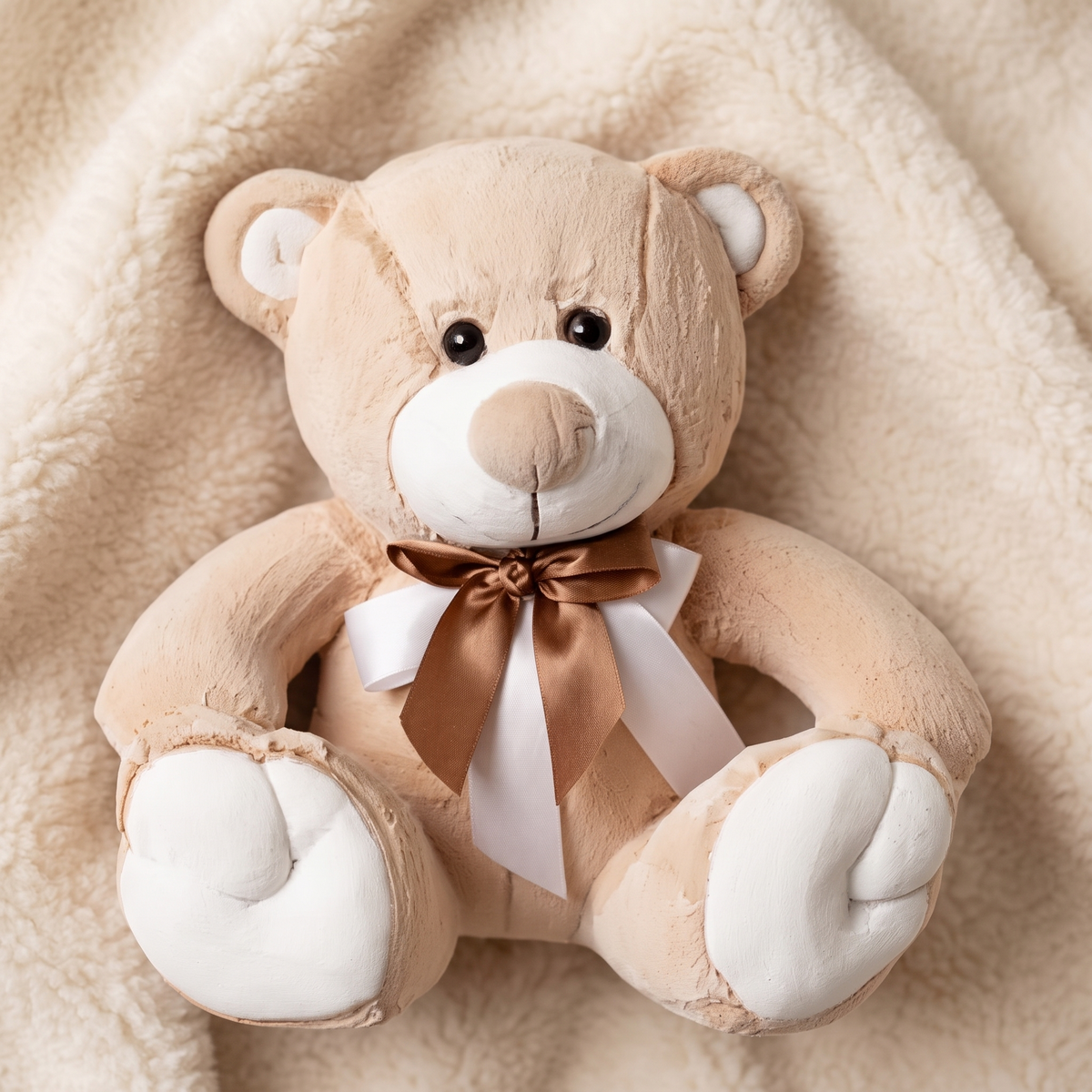 Ours en Peluche Beige et Blanc avec Nœud Doré