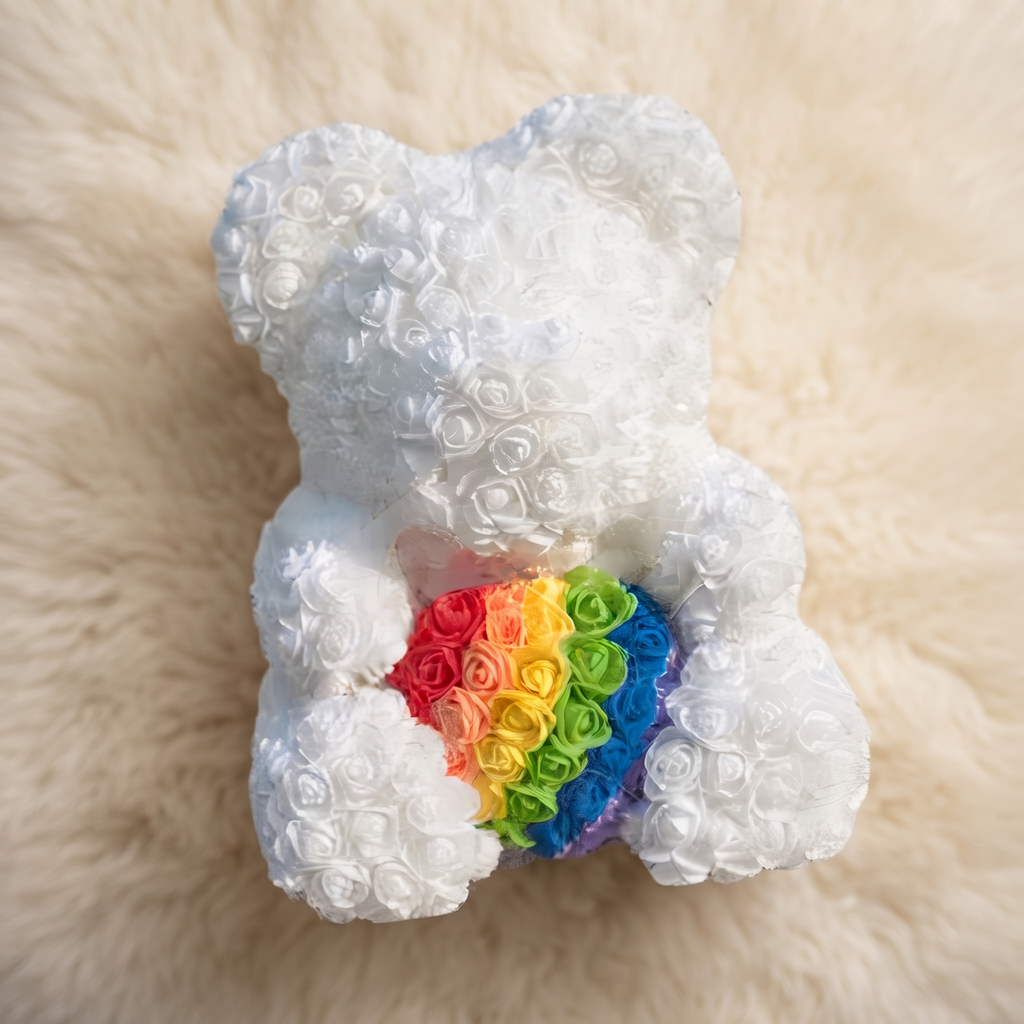 Ours en Roses Blanc Cœur Arc-en-ciel 40 cm