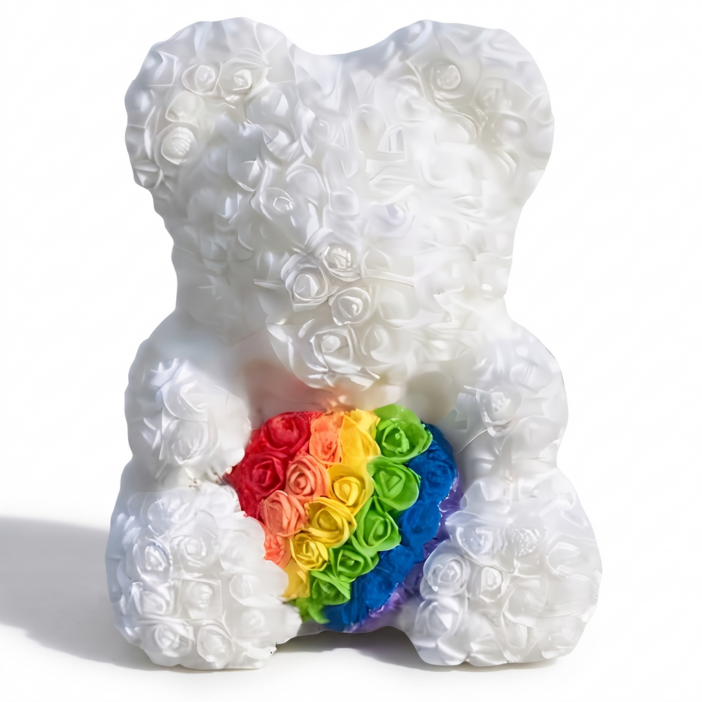 Ours en Roses Blanc Cœur Arc-en-ciel 40 cm