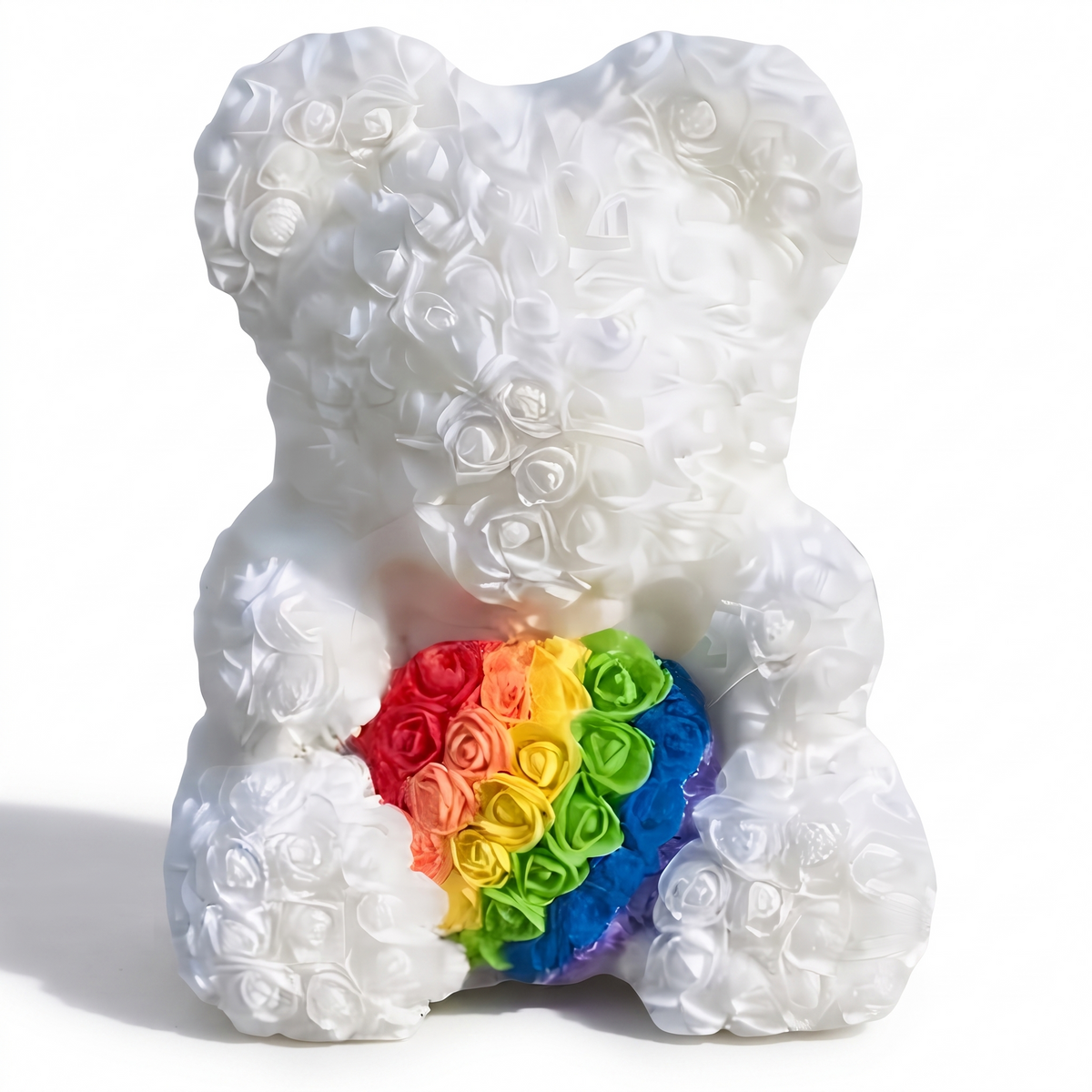 Ours en Roses Blanc Cœur Arc-en-ciel 40 cm