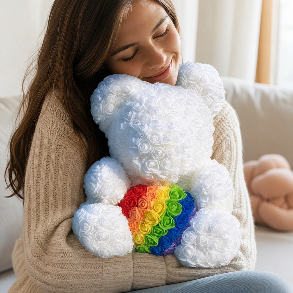 Ours en Roses Blanc Cœur Arc-en-ciel 40 cm