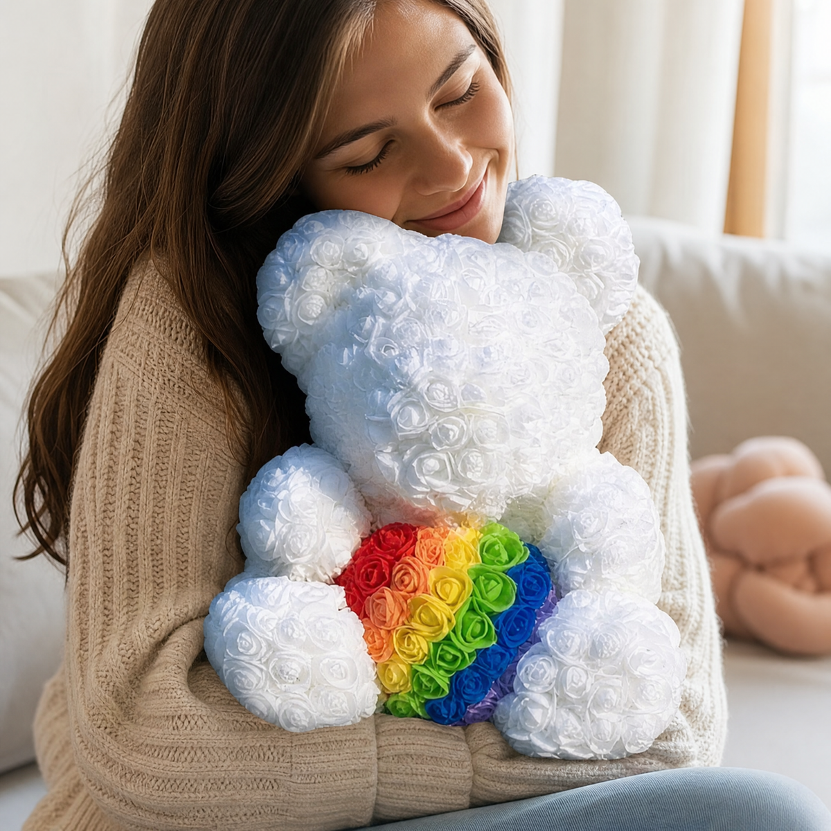 Ours en Roses Blanc Cœur Arc-en-ciel 40 cm
