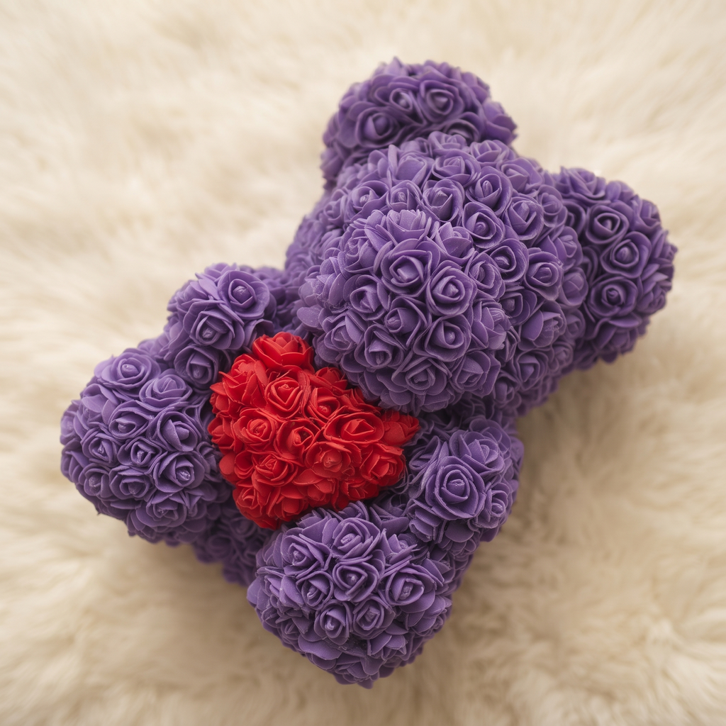 Ours en Roses Violet avec Cœur Rouge