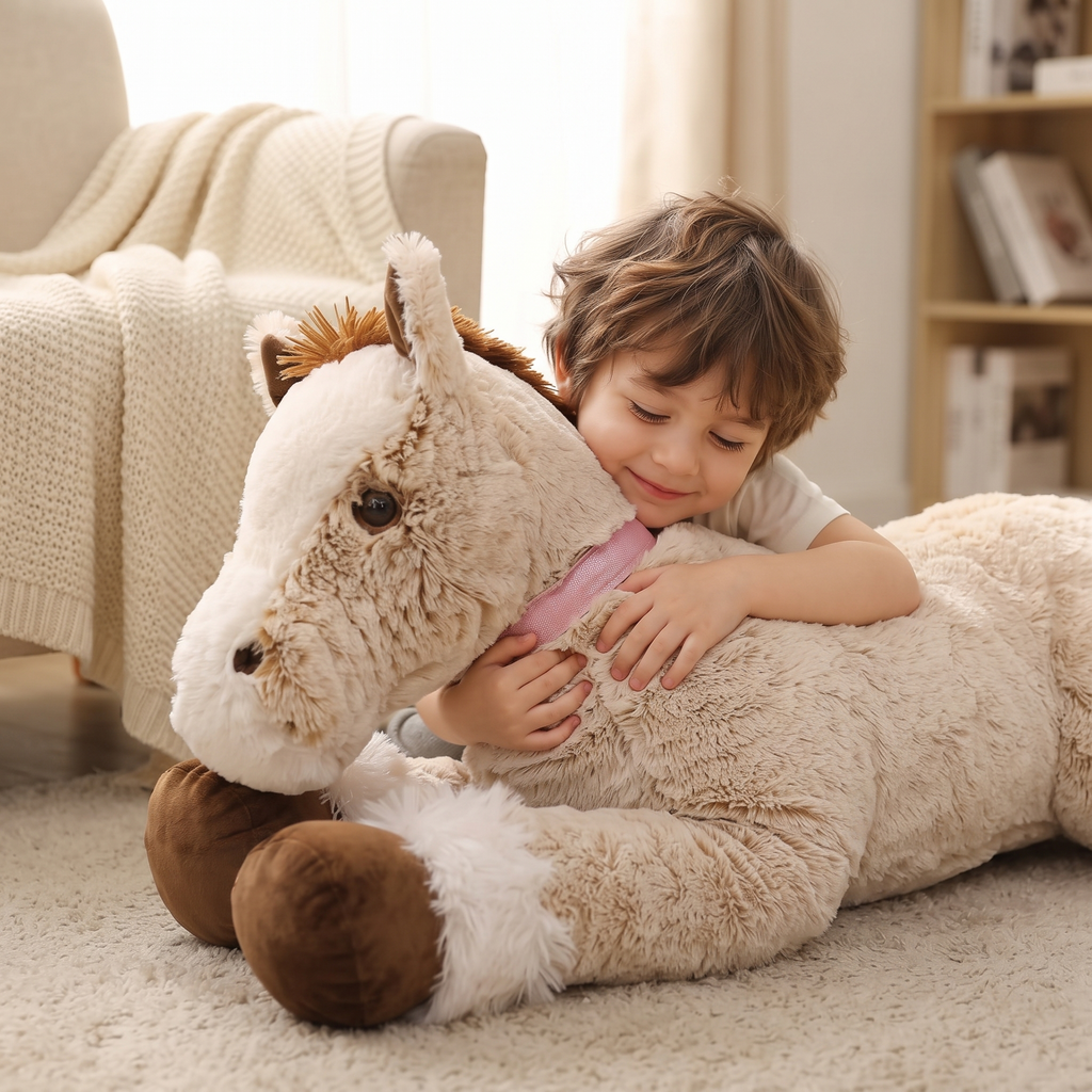 Peluche Cheval Géante Beige Couchée 90 cm
