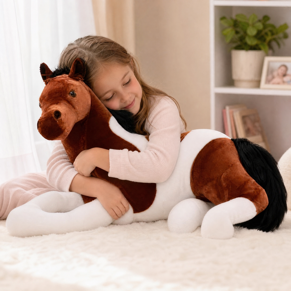 Peluche Cheval Géante Blanc Marron 70cm
