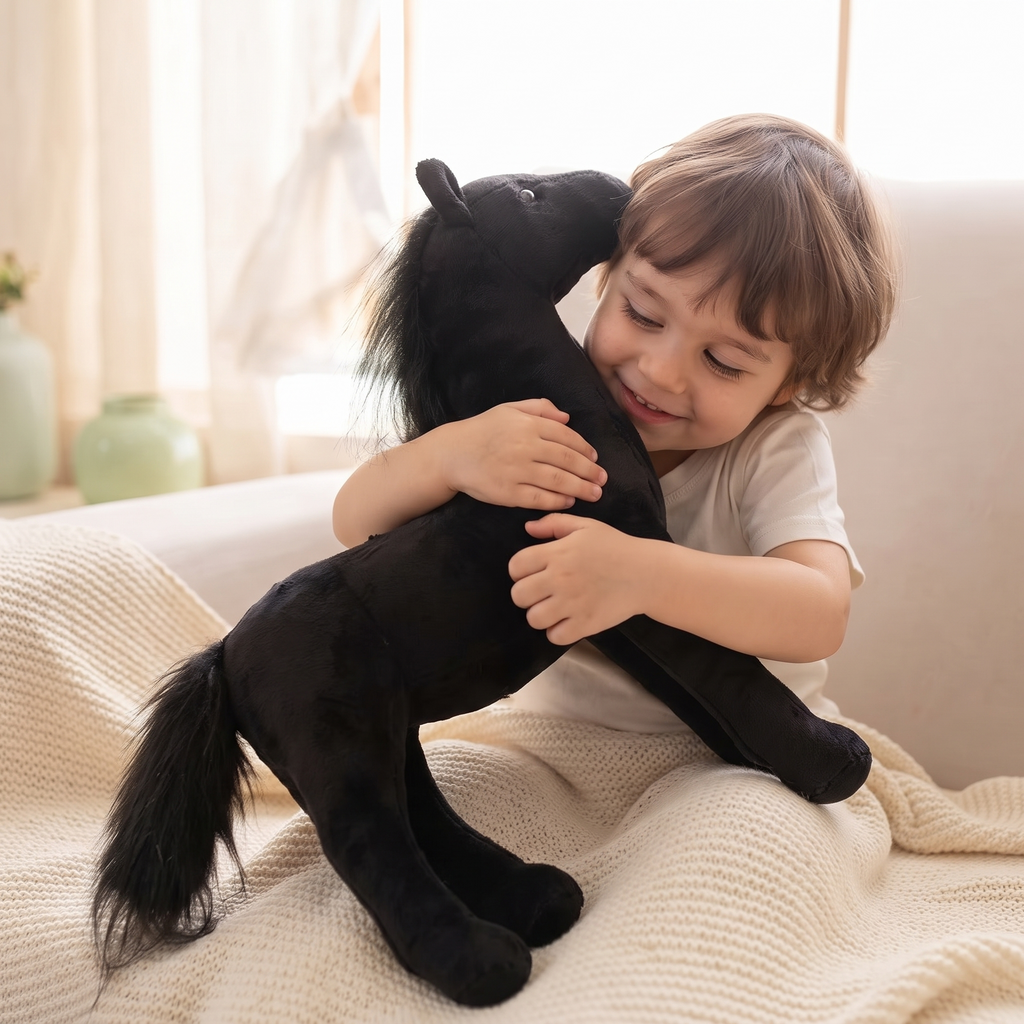 Peluche Cheval Noir à Crinière Soyeuse
