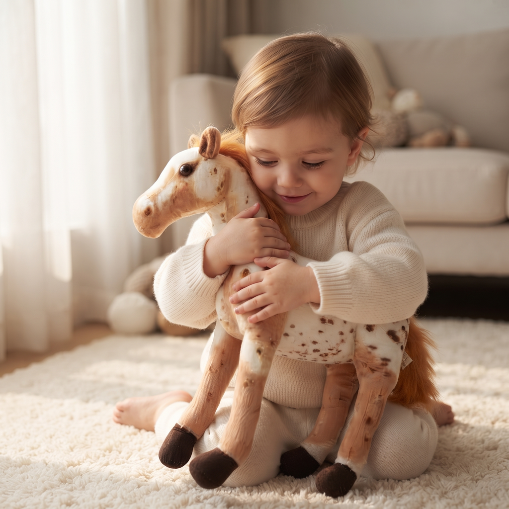 Peluche Cheval Réaliste Blanc et Marron