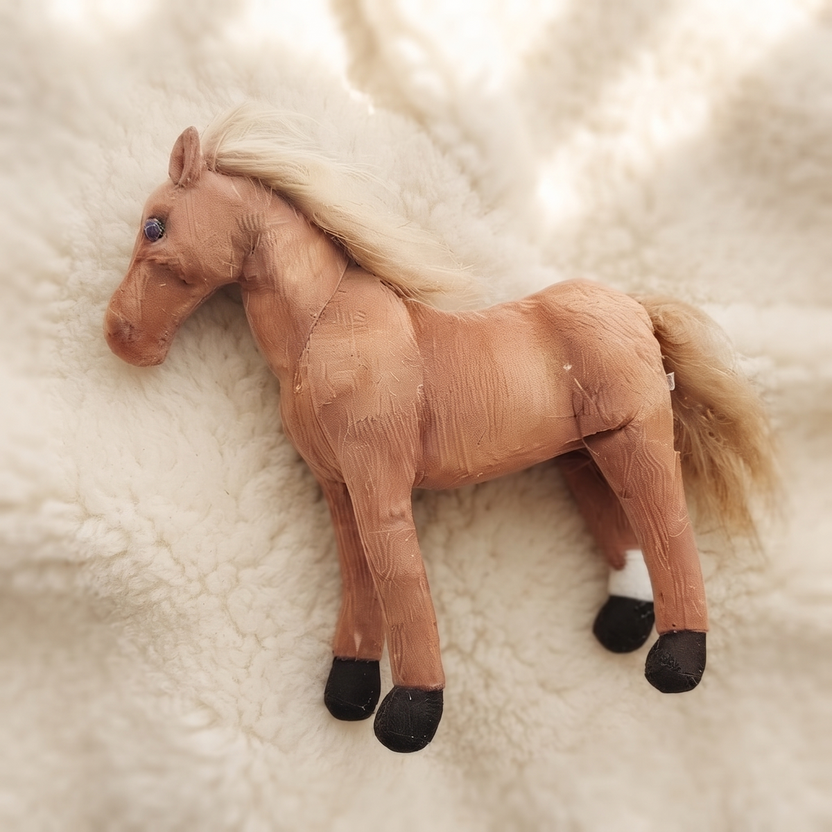 Peluche Cheval Réaliste Marron avec Crinière Blonde