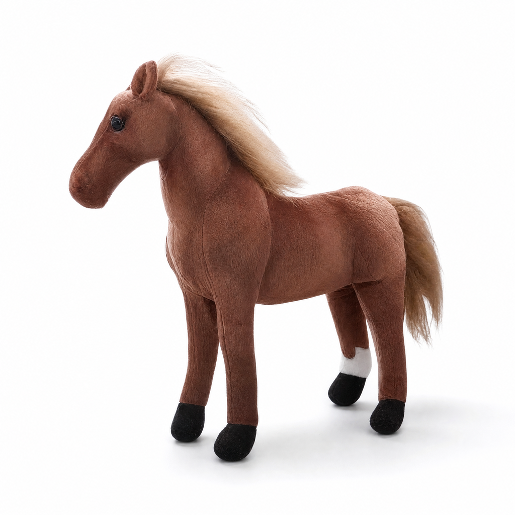 Peluche Cheval Réaliste Marron avec Crinière Blonde