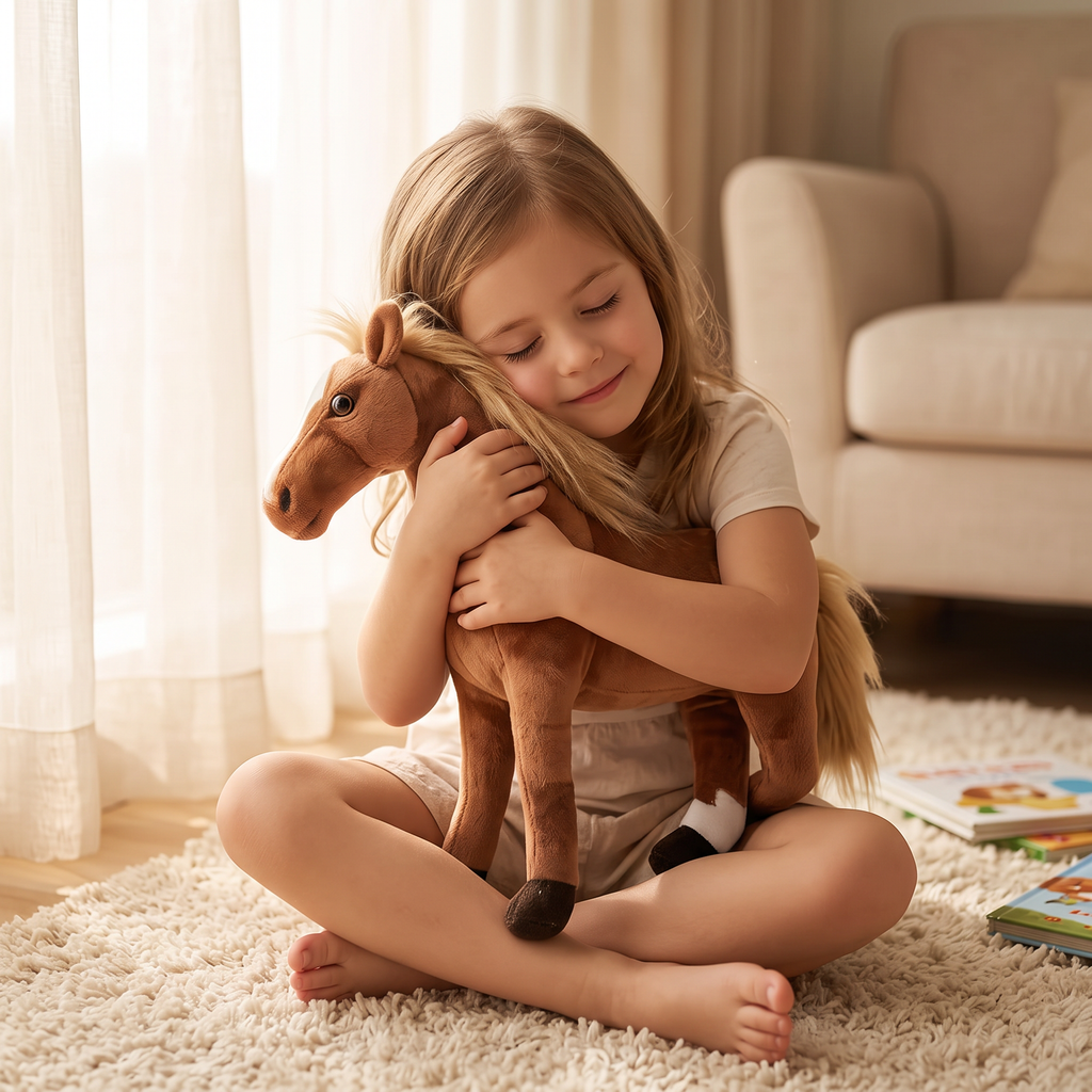 Peluche Cheval Réaliste Marron avec Crinière Blonde