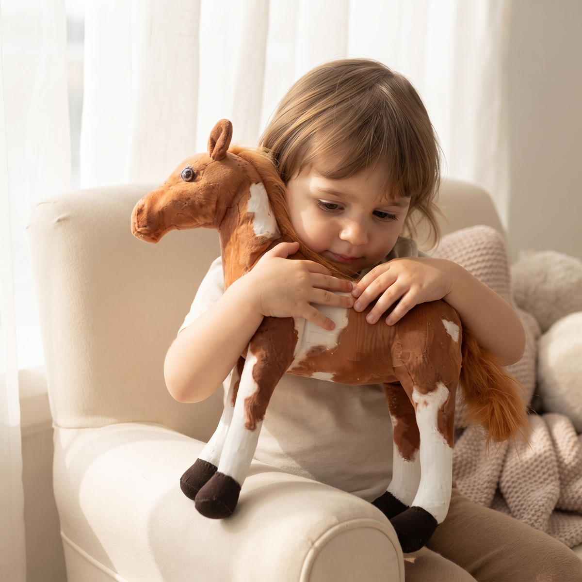 Peluche Cheval Réaliste Marron et Blanc