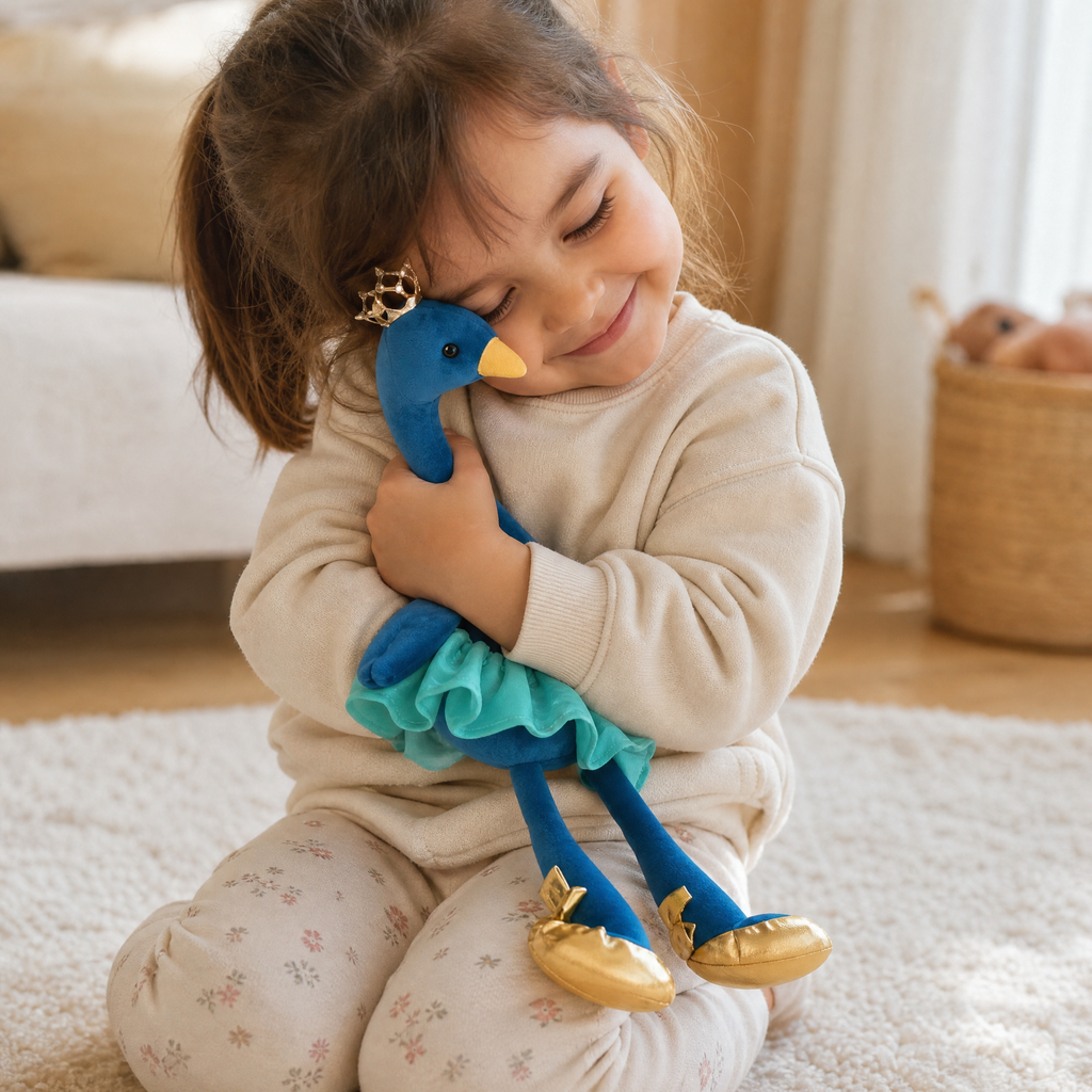 Blauwe flamingoknuffel met gouden kroon, 35 cm
