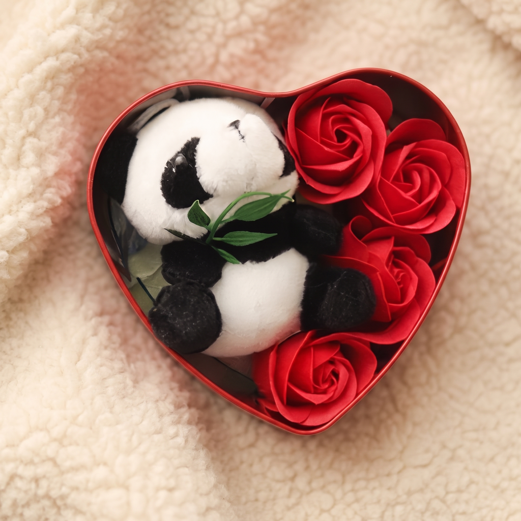 Peluche Panda Saint-Valentin Coffret Cœur & Roses