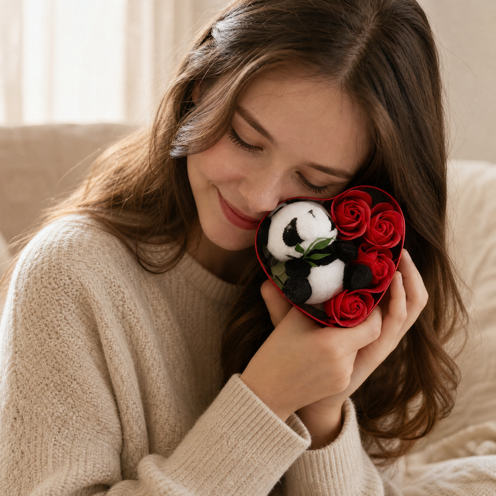 Peluche Panda Saint-Valentin Coffret Cœur & Roses