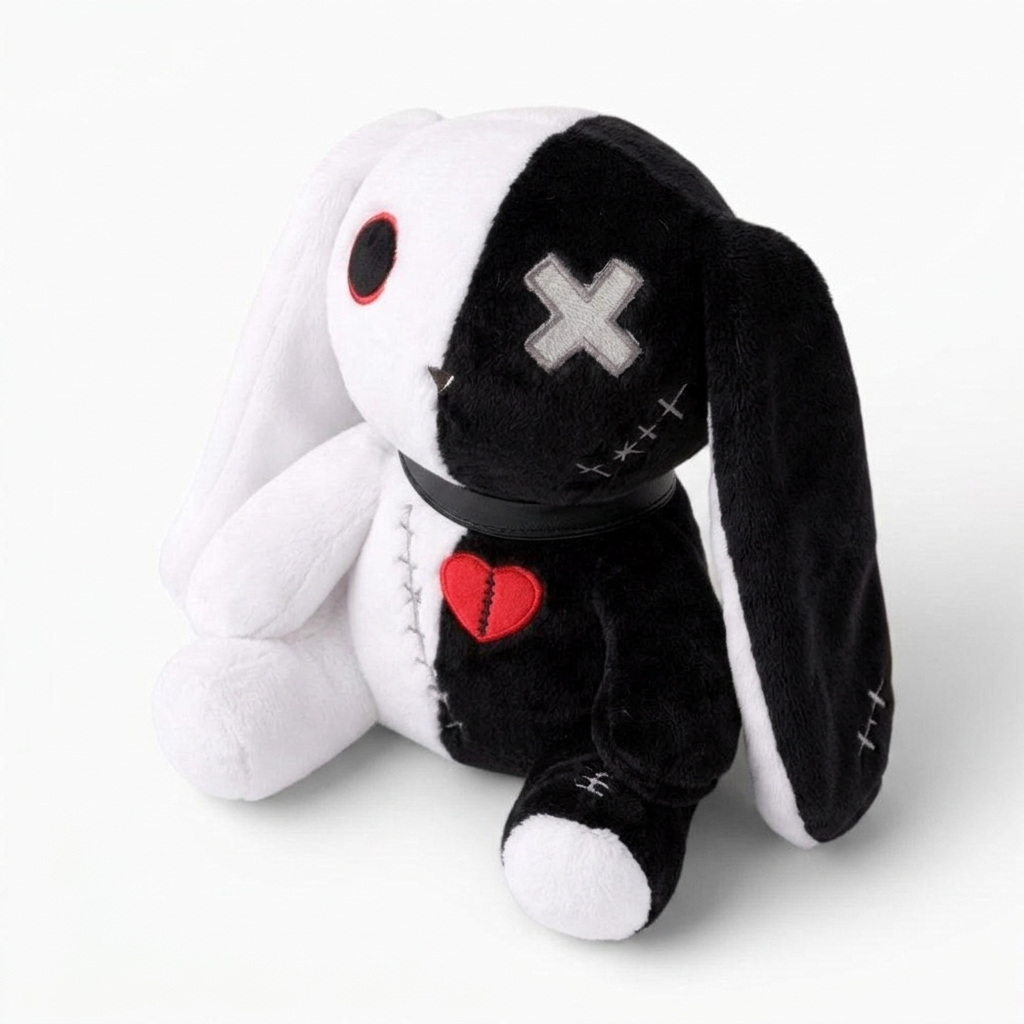 Peluche Lapin Gothique Noir et Blanc avec Cœur