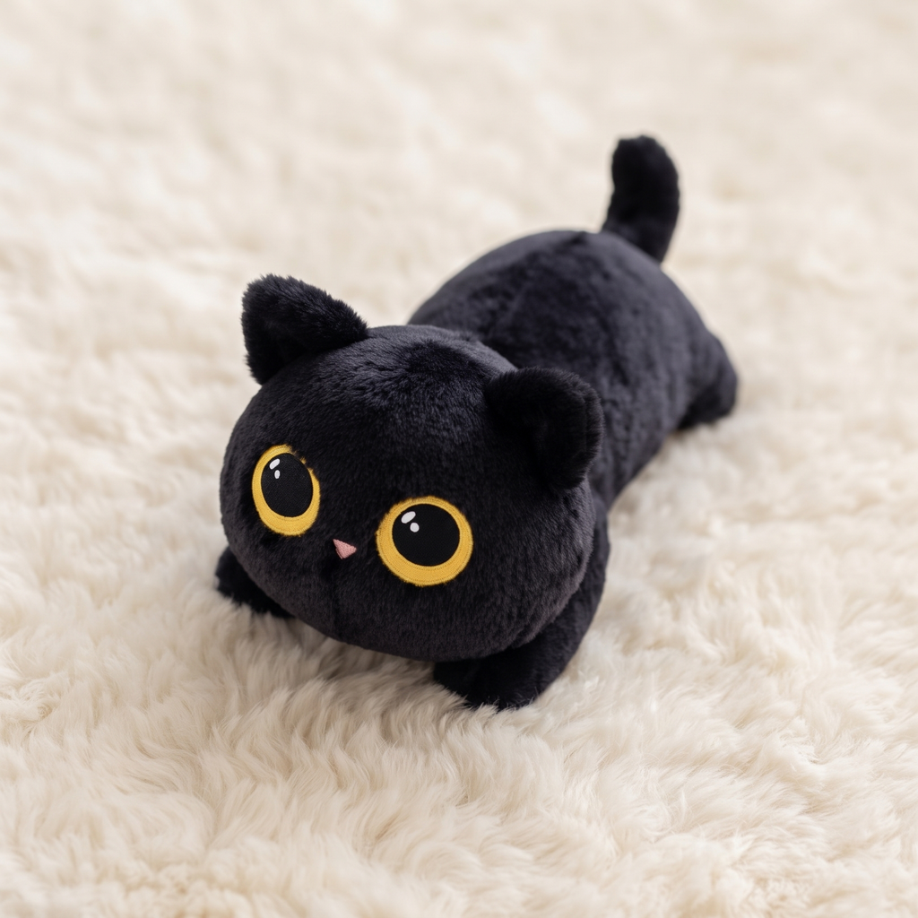 Peluche Chat Noir Kawaii aux Grands Yeux Dorés