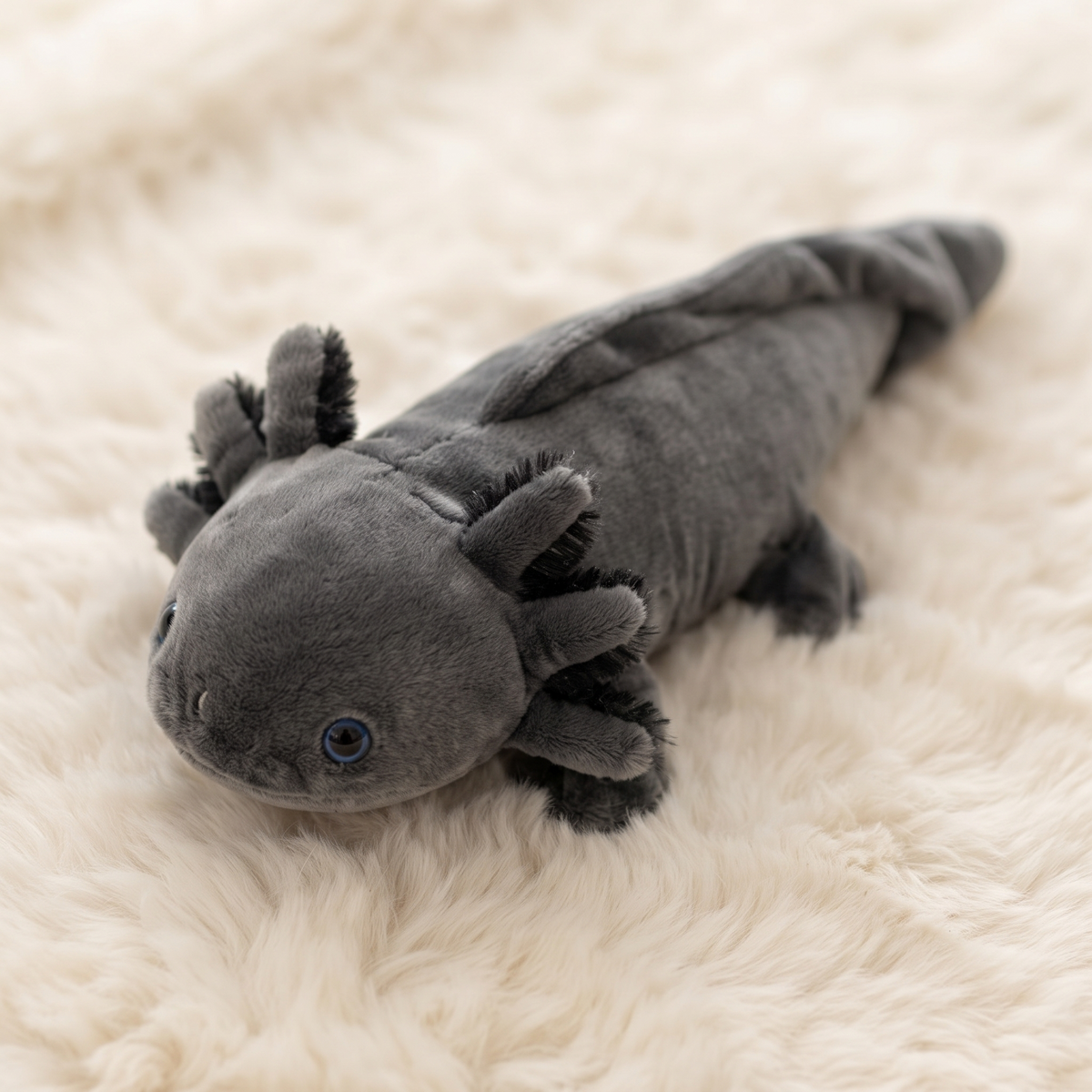 Peluche Axolotl Réaliste Noire aux Yeux Bleus