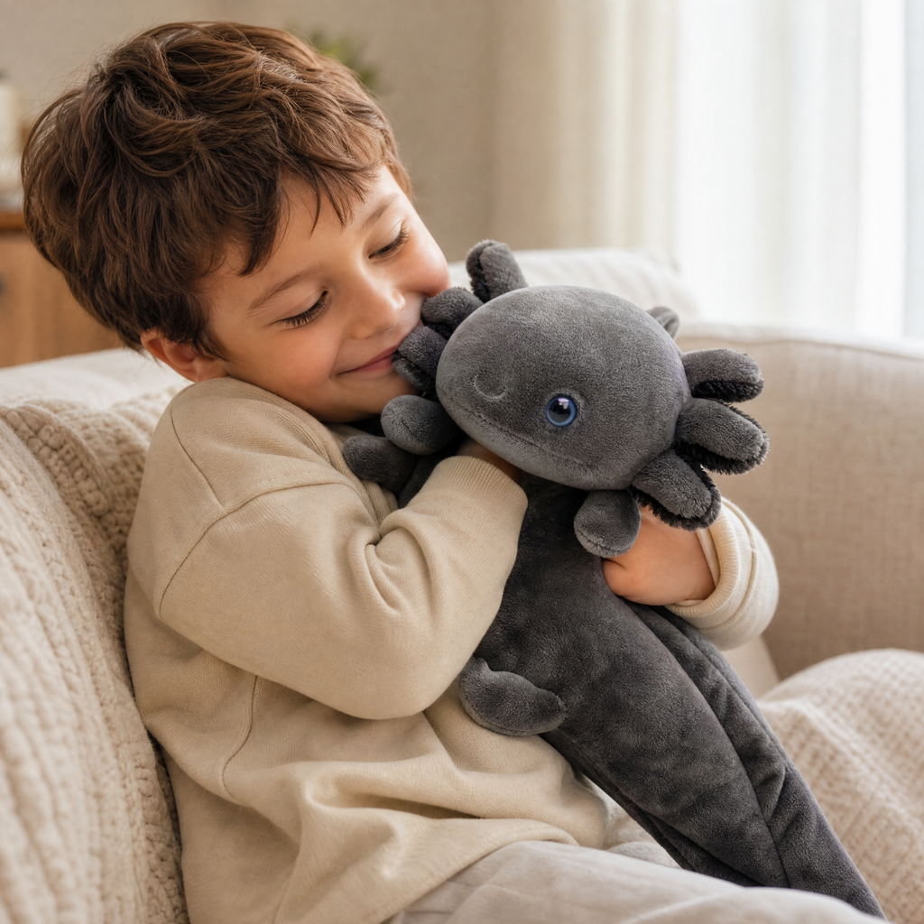 Peluche Axolotl Réaliste Noire aux Yeux Bleus